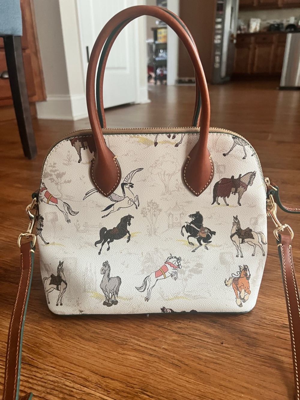 Dooney & Bourke Cream Horse & Pegasus Print Satchel with Tan Trim - Picture 2 of 7